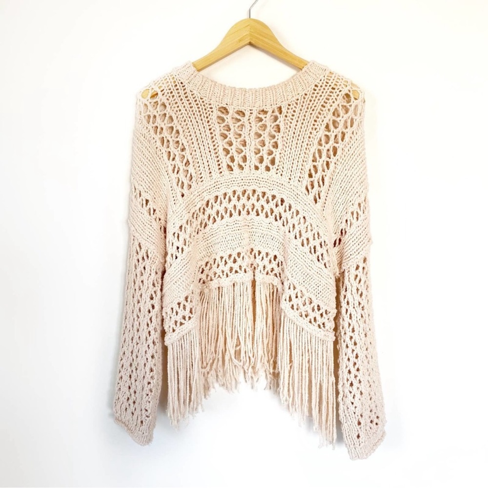 Free People Higher Love Oversized Fringe Pullover, Size XS, EUC, Cream